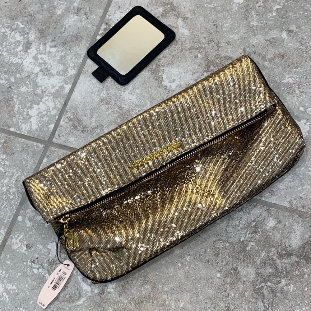 Victoria’s Secret gold glitter clutch w/mirror NWT